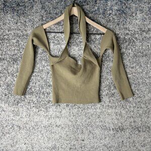 NED Sweater Womens Small Olive‎ Green Ribbed Knit Cutout Halter Long Sleeve Crop